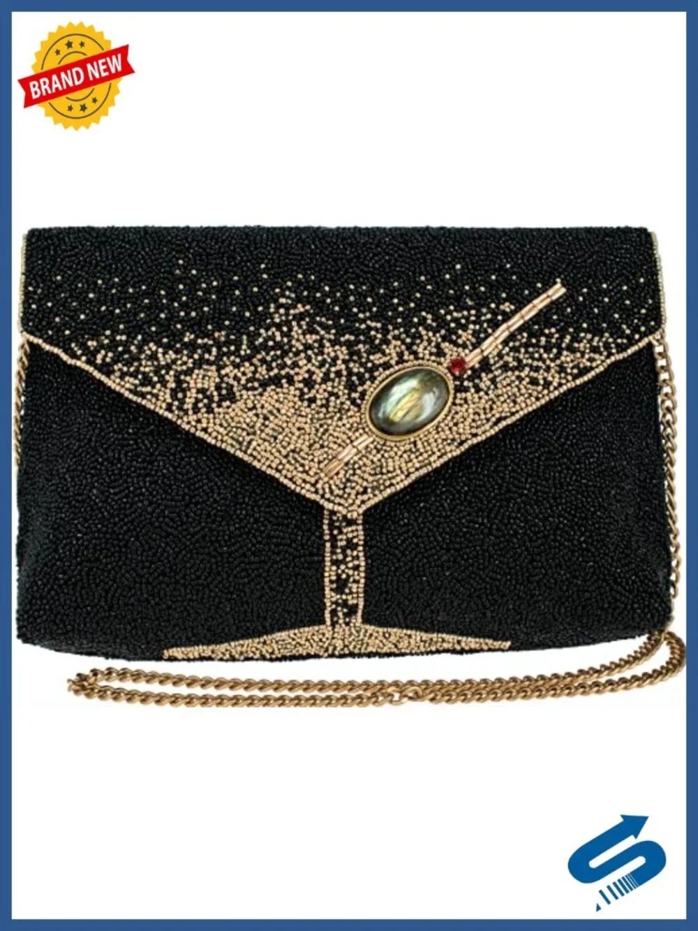Hand-beaded crossbody clutch with martini glass motif, gem accents, removable